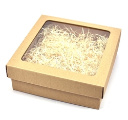 Krabice dárková s průhledným víkem a výplní (dřevitá vlna) velká