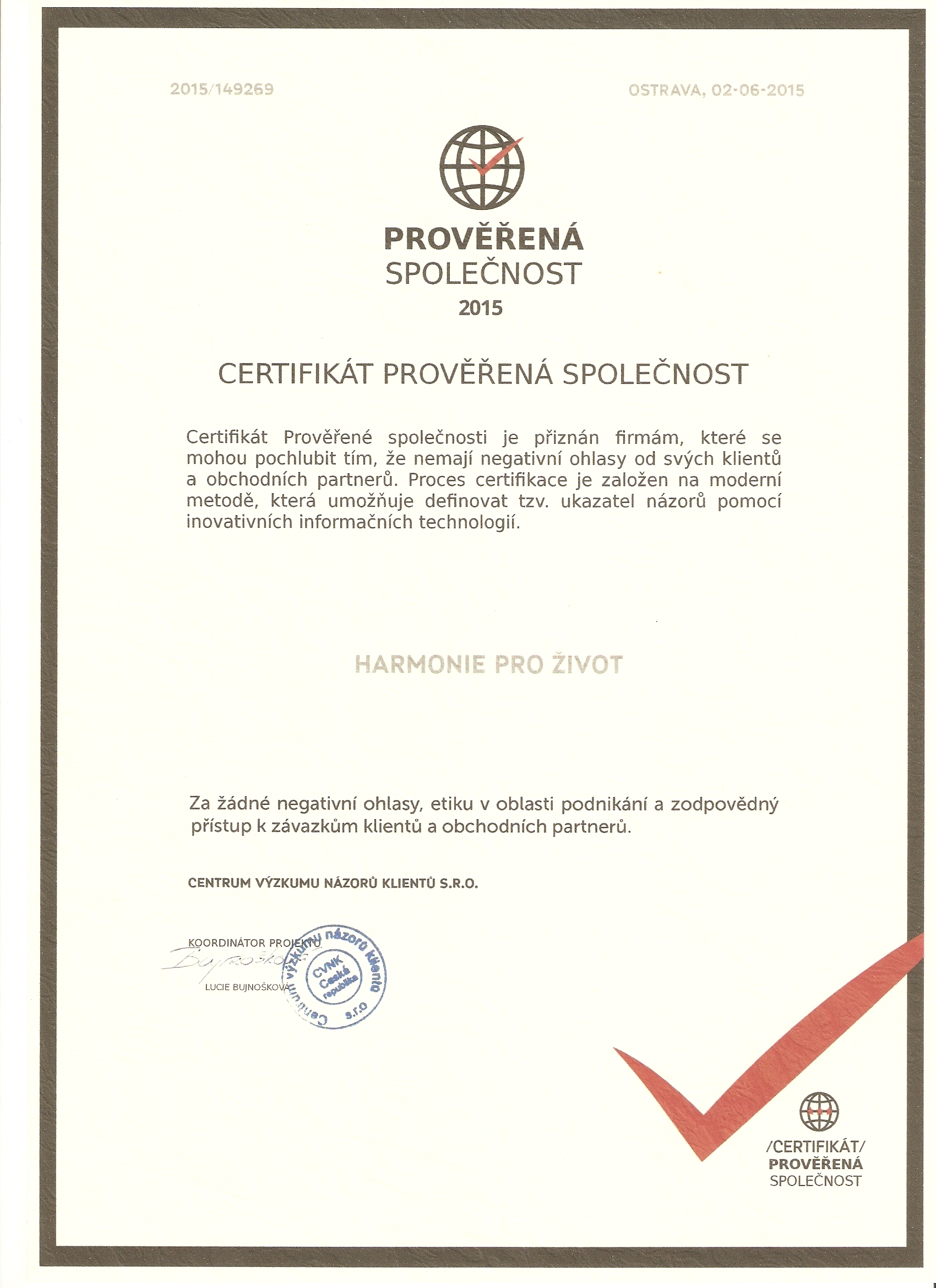 Získání certifikátu PROVĚŘENÁ SPOLEČNOST 2015